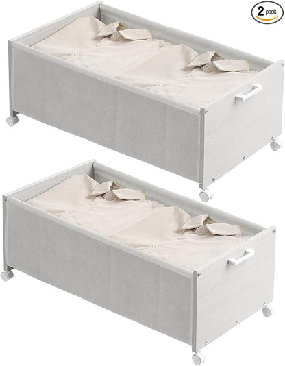 Under Bed Storage with Wheels, Wooden Under Bed Drawers On Wheels, Rolling Under Bed Shoe Storage, Space Saving,White,Quadrup