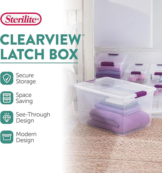 Sterilite 66 Qt ClearView Latch Storage Box, Stackable Bin with Latching Lid, Organize Clothes, Blankets, Items in Closet, Cl