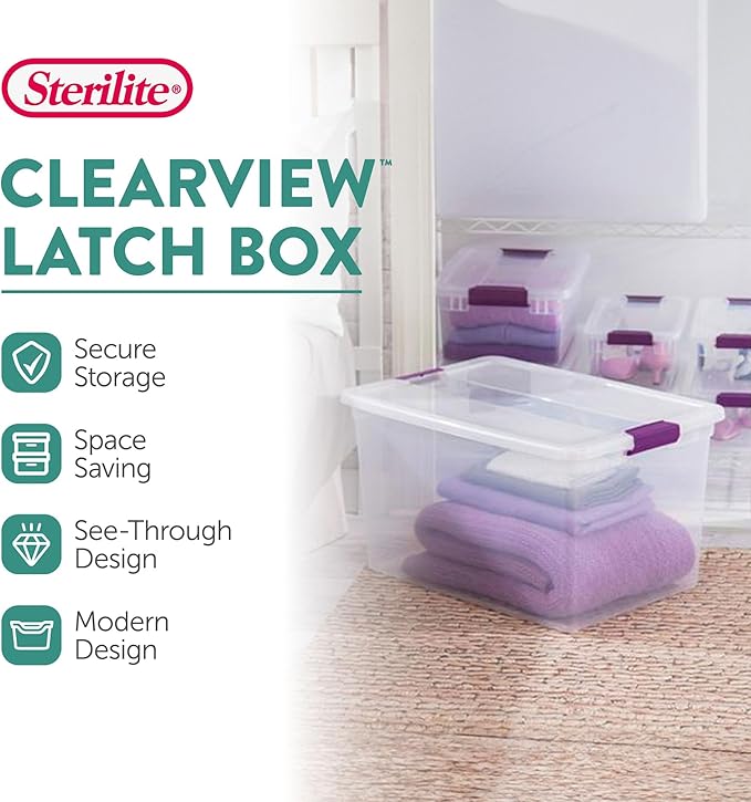 Sterilite 66 Qt ClearView Latch Storage Box, Stackable Bin with Latching Lid, Plastic Container to Organize Clothes in Closet
