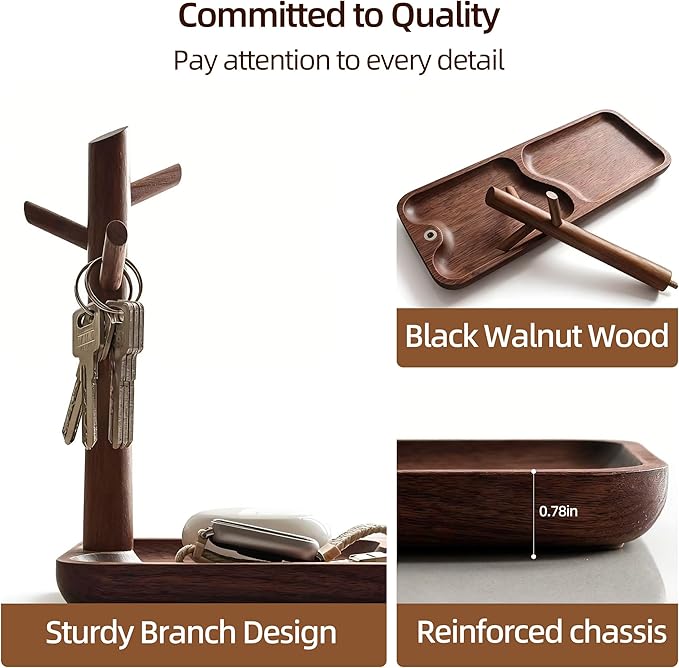 Solid Black Walnut Wooden Key Tray, Multi-Functional Key Bowl for Entryway Table, Key Holder Stand equipped with 3 Hooks, Woo