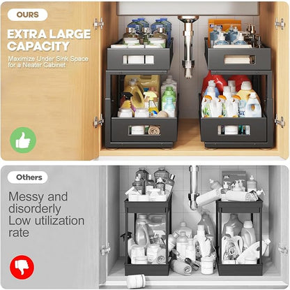 1 Pack 19IN Depth Under Sink Organizer, 2-Tier Pull Out Cabinet Organizer With Smooth Circular Rail, Large Capacity Metal Mes