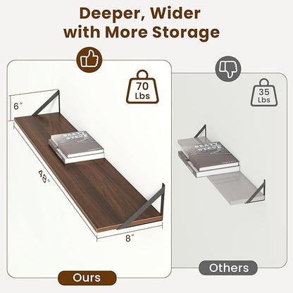 Floating Shelves for Wall,48" Wx8 D Wood Wall Shelves,Hanging Storage Floating Shelf with Metal Brackets,Wide Floating Booksh