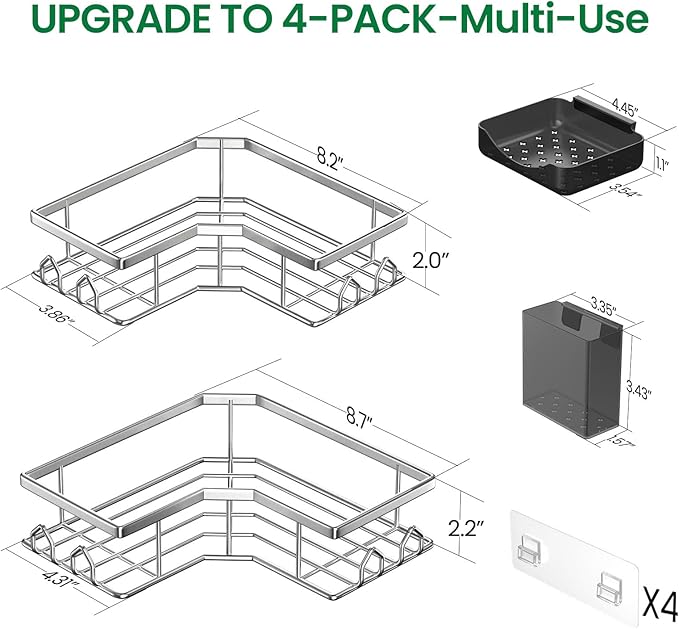 Adhesive Shower Caddy, 4 Pack Corner Bath Organizer, Rustproof Stainless Steel Shower Shelves with Large Capacity, No Drillin