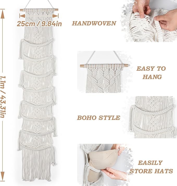Macrame Hat Hangers for Wall Handmade Boho Baseball Cap Hanger Hand Knitting Cap Organizer Hat Holder for Wall Over Door Ball