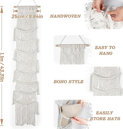 Macrame Hat Hangers for Wall Handmade Boho Baseball Cap Hanger Hand Knitting Cap Organizer Hat Holder for Wall Over Door Ball