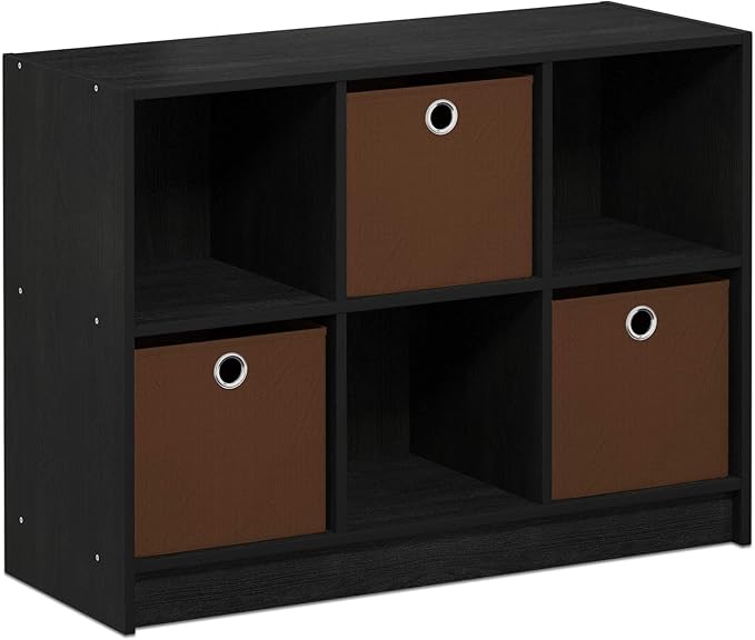 Furinno BASIC Book Shelf, 6-Cube Bookshelf with Open Shelf, 3 x 2 Bookcase with Storage Bins, Closed Back, Horizontal, 11.9 x