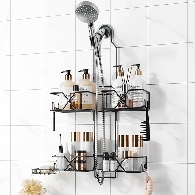 Adjustable Height Shower Caddy Hanging for Handheld Shower Heads, Shower Racks with Soap Holder 8 Hooks, No-Drilling, Anti-Sw