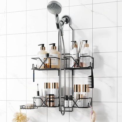Adjustable Height Shower Caddy Hanging for Handheld Shower Heads, Shower Racks with Soap Holder 8 Hooks, No-Drilling, Anti-Sw