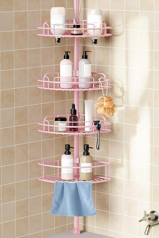 HAMITOR Corner Shower Caddy Tension Pole: 4-Tier Rust-Resistant Adjustable Bathroom Organizer Shelves - 47-121 Inch No-Drill 