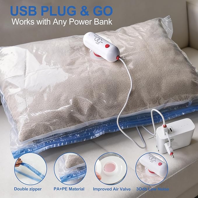 VMstr Vacuum Seal Bags for Clothing Travel, Vacuum Storage Bags with USB Electric Pump, Compression Space Saver for Luggage S