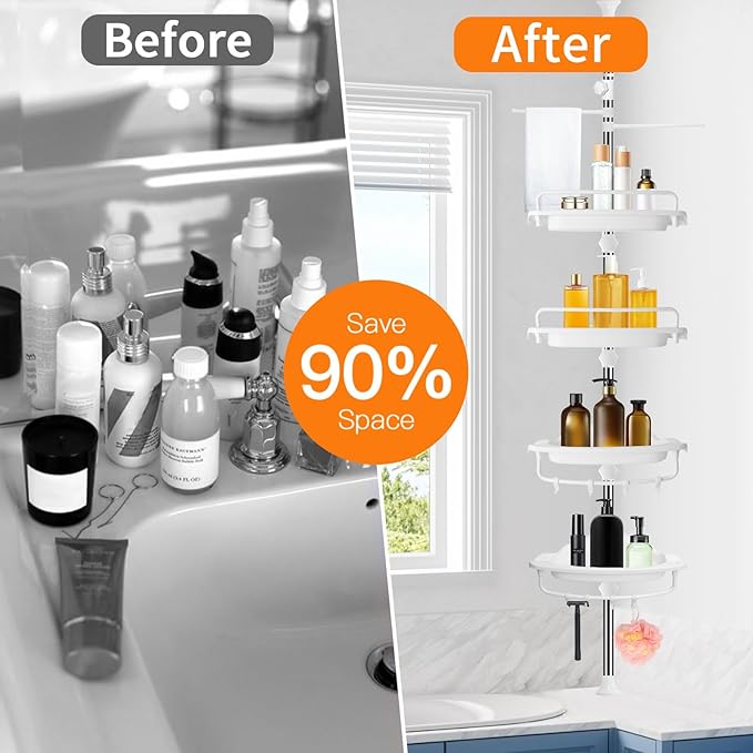 Upgrade Sturdy Shower Caddy Tension Pole Corner Shower Caddy Bathroom Organizer 18/8 Stainless Steel Rustproof 4 Tier Adjusta