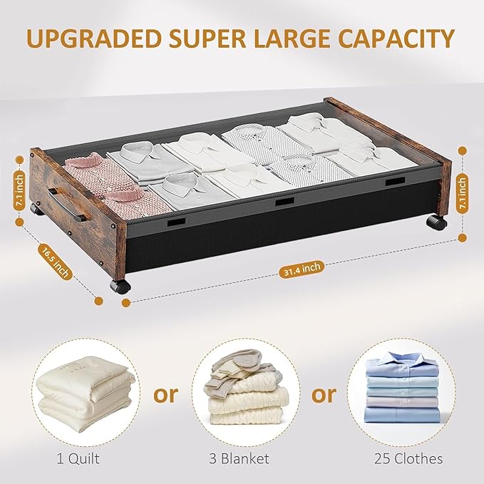 KITHELP Under Bed Storage with Wheels, Wooden Under Bed Drawers 2 Packs, Rolling Underbed Storage Containers Organizer with H