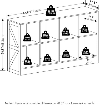 Furinno Jensen Book Shelf, 8-Cube Farmhouse Bookshelf, Display Bookcase, 11.8 x 47.6 x 26.8, for Living Room, Bedroom, Home O