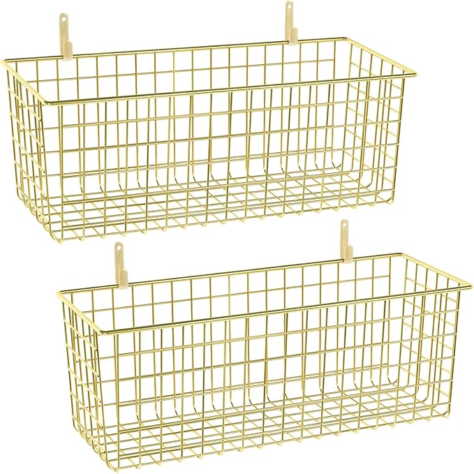 2 Sets Extra Large Hanging Wall Basket, Gold Metal Wire Baskets with Steel Hooks for Organizing, WallmountedFruit Vegetable T
