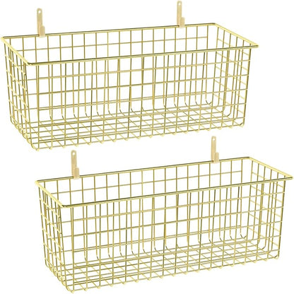 2 Sets Extra Large Hanging Wall Basket, Gold Metal Wire Baskets with Steel Hooks for Organizing, WallmountedFruit Vegetable T
