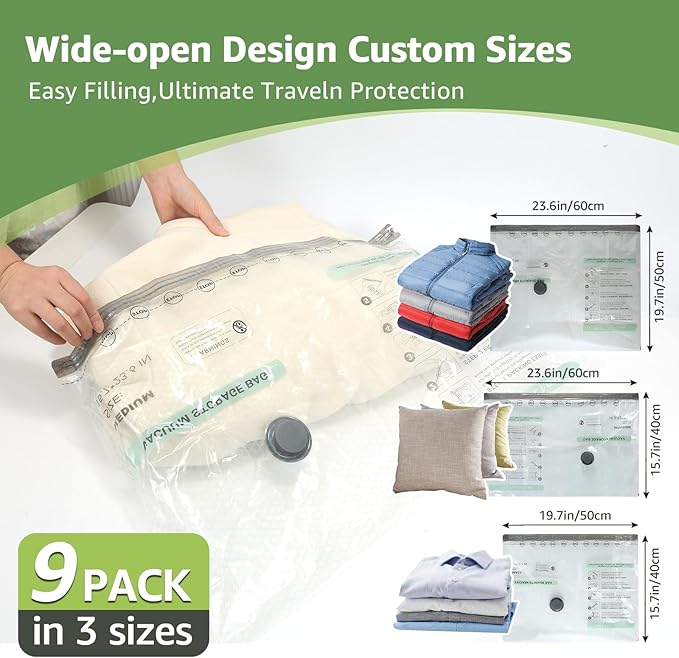 Vacuum Bags for Travel with Rechargeable air Pump, 3 Sizes Vacuum Seal Bags for Clothing, Space-Saving Compression Storage Ba