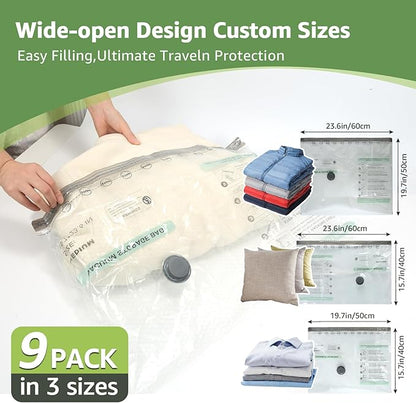 Vacuum Bags for Travel with Rechargeable air Pump, 3 Sizes Vacuum Seal Bags for Clothing, Space-Saving Compression Storage Ba