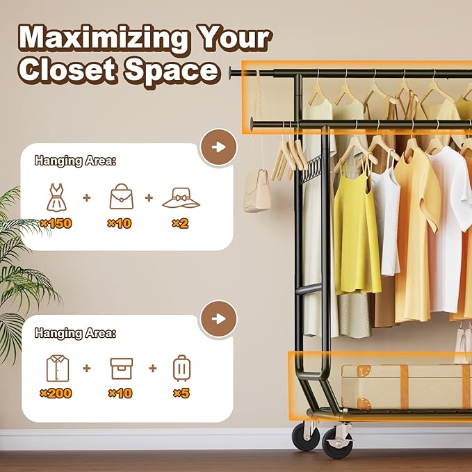 HOKEEPER Clothes Rack Heavy Duty Clothing Rack Load 650 LBS Collapsible Garment Rack with Wheels Double Rod Coat Rack for Han