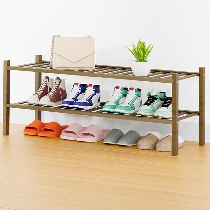 Smiry Shoe Rack, 2 Tier Thick Long Bamboo Shoe Organizer, Stackable Free Standing Wooden Shoe Storage Shelf for Closet, Entry