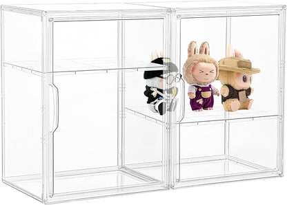 Acrylic Display Case, 2 Tier Clear Plastic Stackable Storage Bins with Magnetic Lids, Figure Display Case for Collectibles Co