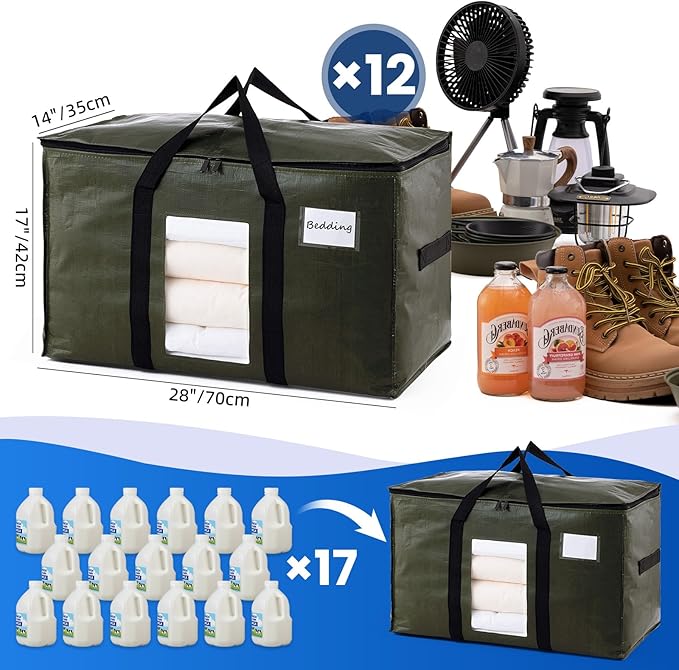 TAILI 12 Pack Green Extra Large Storage Bags, Heavy Duty Totes with Visible Window, Wrap Around Handles, Perfect for Moving a