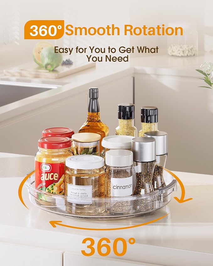 LAMU 2 Pack 10.6in Lazy Susan Organizer Turntable for Cabinet, Clear Lazy Susan for Refrigerator Rotating Organizer for Fridg