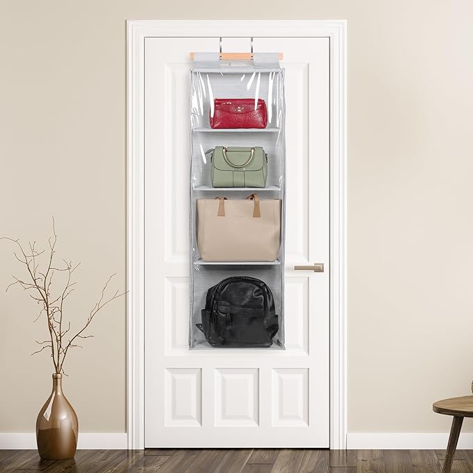 Syeeiex Hanging Handbag Purse Organizer with Zippers, Clear Slubbed Fabric+PVC Hanging Closet Bag Organizer, 4 Mesh Shelves,D