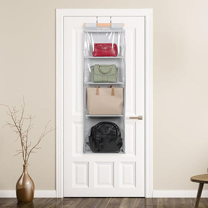 Syeeiex Hanging Handbag Purse Organizer with Zippers, Clear Slubbed Fabric+PVC Hanging Closet Bag Organizer, 4 Mesh Shelves,D