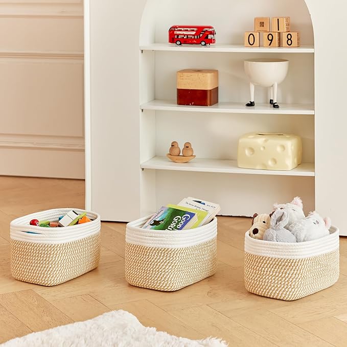 R RUNKA Small Cotton Rope Basket – Storage Bin for Organizing (10.6" x 6.7" x 6.7"), Bathroom Storage Basket for Shelf, Count