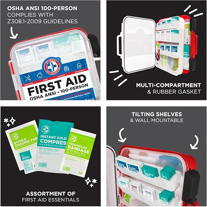 Be Smart Get Prepared First Aid Kit Hard Red Case 326 Pieces Exceeds OSHA and ANSI Guidelines 100 People - Office, Home, Car,