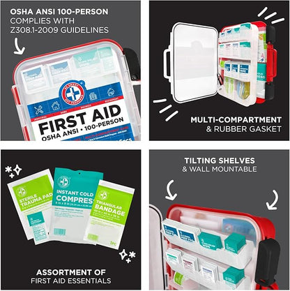 Be Smart Get Prepared First Aid Kit Hard Red Case 326 Pieces Exceeds OSHA and ANSI Guidelines 100 People - Office, Home, Car,