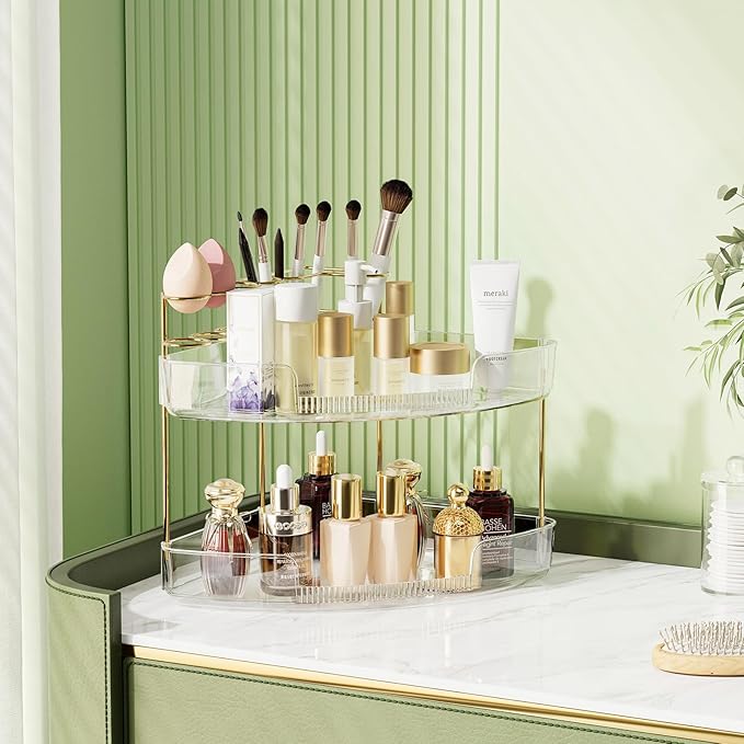 FELIZHOUSE 2-Tier Makeup Organizer for Vanity & Bathroom Countertop – Acrylic Storage Shelf with Perfume Tray & Makeup Brush 