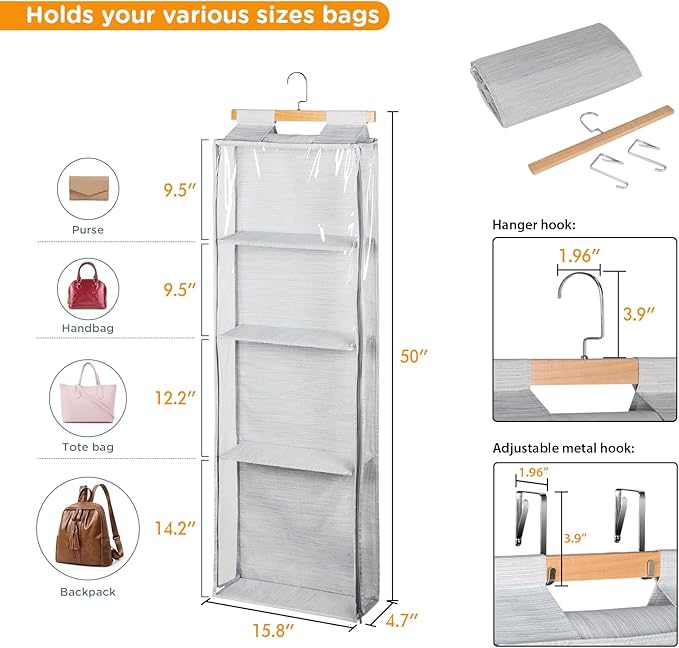 Syeeiex Hanging Handbag Purse Organizer with Zippers, Clear Slubbed Fabric+PVC Hanging Closet Bag Organizer, 4 Mesh Shelves,D