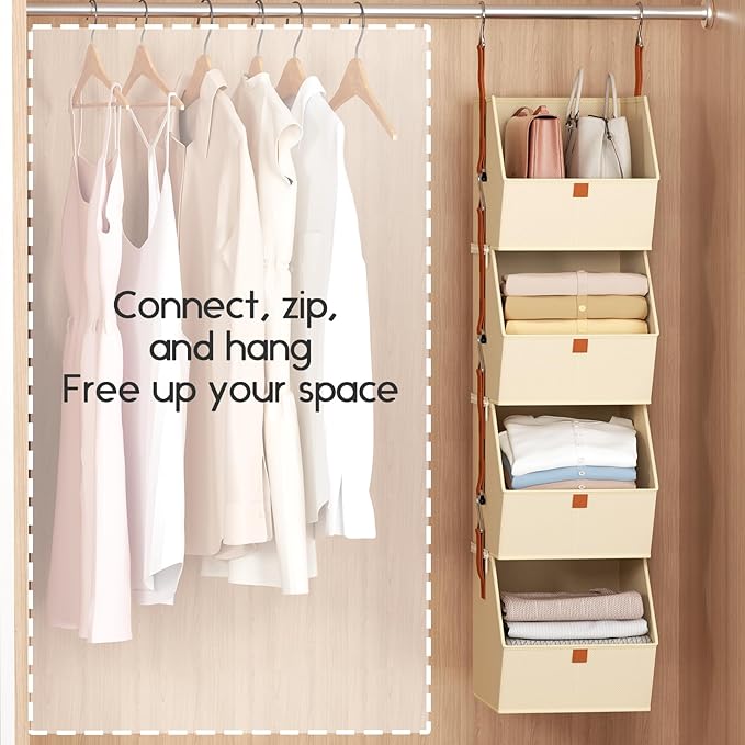 Homsorout Hanging Closet Organizer 4 Tier - Clothes Hanging Shelves, Space-Saving Closet System, Fabric Storage Bins Bedroom 