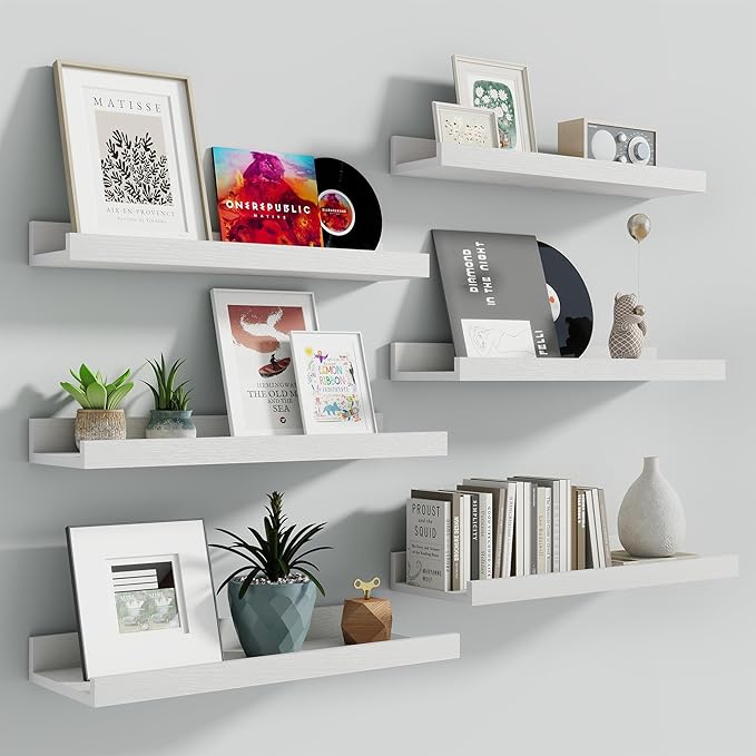 Fun Memories Picture Ledge Shelf, 16 Inch Long Floating Shelves Set of 6, Picture Shelf for Wall with Lip, Large Nursery Book