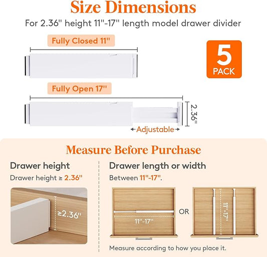 Lifewit 5 Pack 2.36" High Drawer Dividers 28-43.5cm/11-17" Adjustable Drawer Organizer for Clothes/Utensils, Expandable Drawe