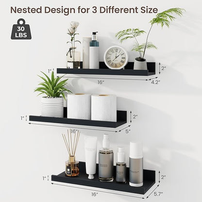 Axeman Picture Ledge Shelf | 16 Inch Black Floating Shelves Set of 3 | Rustic Wood Wall Shelves with Lip | 16" Black Picture 