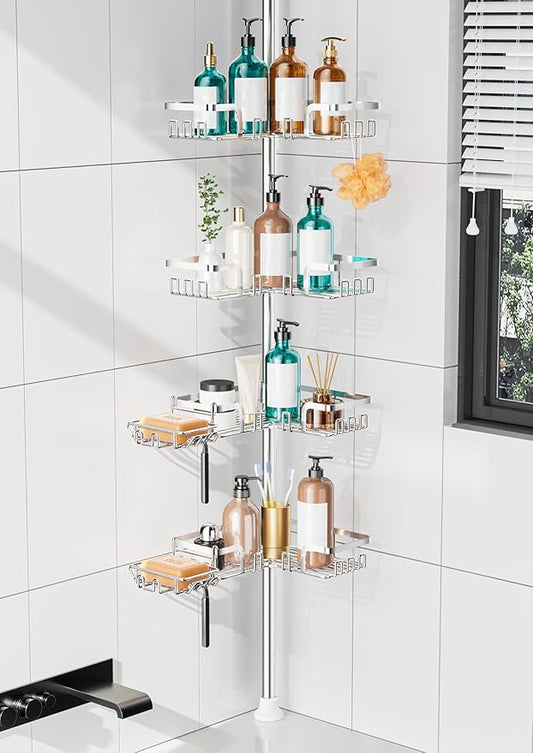 KEGII Shower Caddy Tension Pole – Corner Rustproof Bathroom Organizer with Soap Holder & Hooks, No-Drill Adjustable Shower Sh