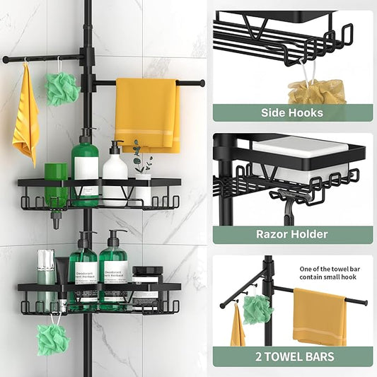 Shower Caddy Tension Pole Corner with 4 Removable Baskets & 2 Towel Bar - Expandable Shower Caddy Corner Adjustable 25-114.2 