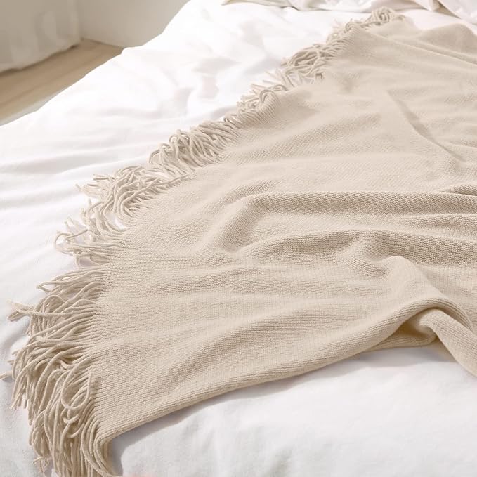 Homiest Decorative Knitted Throw Blanket with Fringe, Lightweight Acrylic Knit, Soft & Cozy Tassel Blanket for Couch, Sofa, B