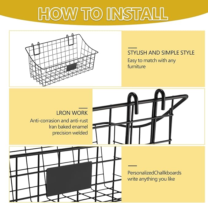 4 Pack Black Grid Wall Baskets, 12 x 6 x 5.1 Inch Metal Wire Wall Basket with Hooks Label Hanging Basket Accessory for Vendor