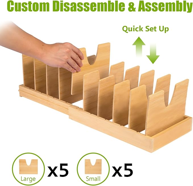 Pots and Pans Organizer for under Cabinet - Expandable Bamboo Pot Lid Organizer, Bakeware and Cutting Board Organizers, Drawer Pot Lid Holder Rack for Kitchen Organizers and Storage