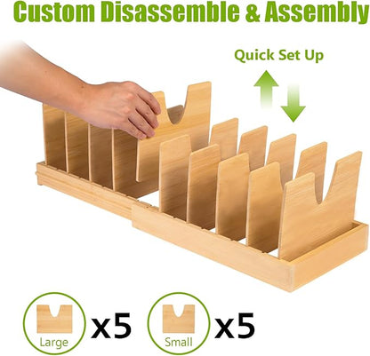 Pots and Pans Organizer for under Cabinet - Expandable Bamboo Pot Lid Organizer, Bakeware and Cutting Board Organizers, Drawer Pot Lid Holder Rack for Kitchen Organizers and Storage