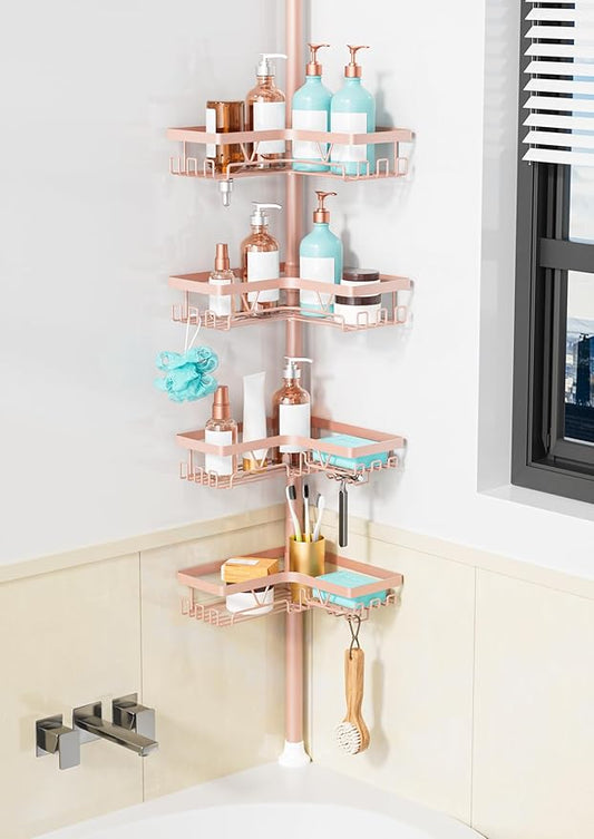 KEGII Corner Shower Caddy Tension Pole - 4-Tier Rustproof Bathroom Organizer, Floor to Ceiling Shower Caddy 25-114.2 inch, No