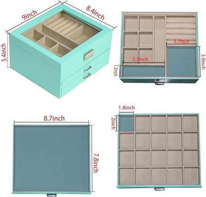 BOOVO Clear Lid Jewelry Box,3 Layers Jewelry Organizer Large Multi-Functional Jewelry Storage Box with 2 Drawers,Jewelry Disp