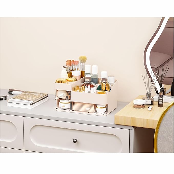 Pink Make up Organizers for Vanity with 3 Drawers,Large Skincare Organizers for Countertop,Desk,Dresser,Plastic Bathroom Coun