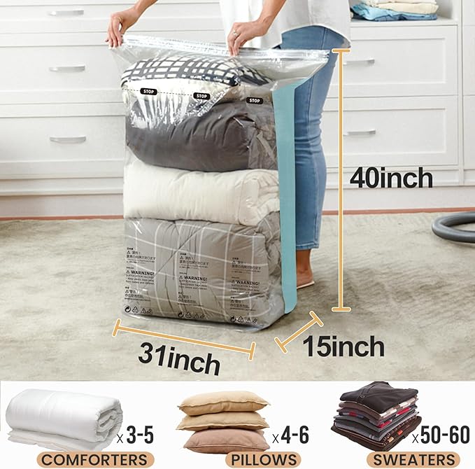 TAILI 6 Pack Vacuum Storage Bags, Jumbo Cube (31x40x15 Inch), Large Vacuum Seal Bags for Clothing, Comforters, Blankets, Bedd