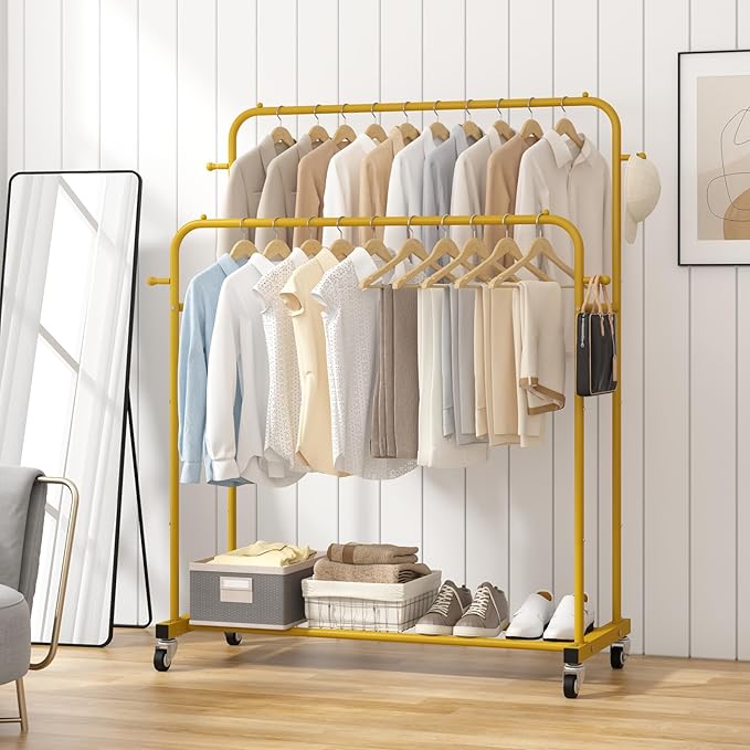 Laiensia Double Rods Garment Rack with Wheels, Clothing Rack for Hanging Clothes,4 Hooks, Multi-functional Bedroom Clothes Ra