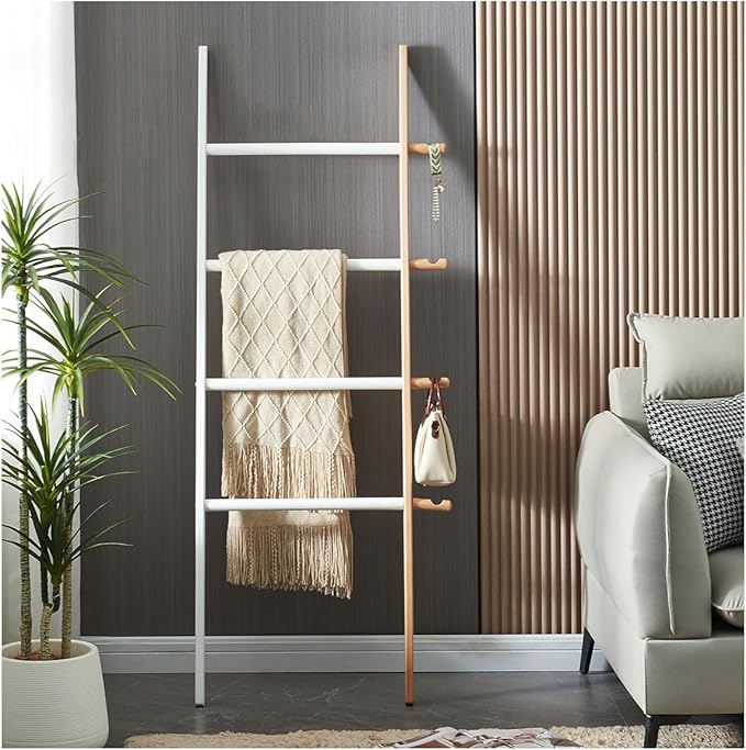 5-Tier Blanket Ladder Wooden, Multifunctional Ladder Stand, Rustic Farmhouse Ladder Shelf for Living Room Bedroom Bathroom Ho