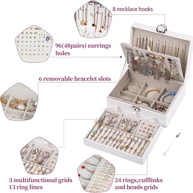 BOOVO Earring Jewelry Box For Women Girl Stud Organizer, 4 Layers Girl Jewelry Organizer Box With Lock Earring Holder Organiz